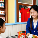 **Prompt:** A vibrant scene depicting a Vietnamese entrepreneur (e.g., a young woman) in her initial small business setup, like a handmade clothing shop or a cozy cafe. On one side, she interacts with a group of cheerful Vietnamese students engrossed in social media (Facebook/Instagram), representing early customers. On the other side, a group of young Vietnamese office professionals, dressed in more formal attire, examine higher-end products or services, symbolizing the evolving customer base. Subtle visual cues of data analytics or graphs in the background, suggesting the shift in customer understanding. The overall atmosphere is lively and reflective of a bustling Vietnamese local business.